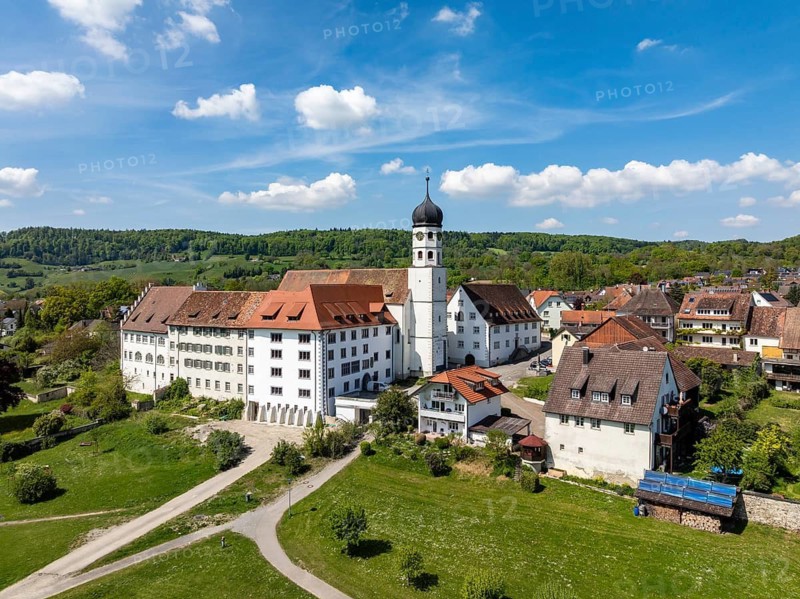 Aerial view of the former Augustinian canons' monastery and collegiate church in the Höri community of Öhningen, Höri peninsula, Lake Constance, Constance district, Baden-Württemberg, Germany