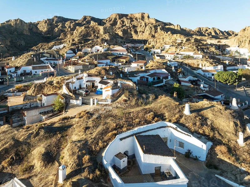 The cave quarter in Guadix. Aerial view. Drone shot. Granada province, Andalusia, Spain