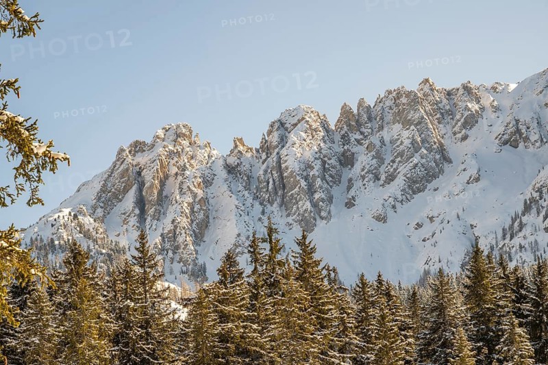 Beautiful landscape of the Mountain silhouettes of the Sexten Dolomites on a sunny winter day, South Tyrol, Trentino-South Tyrol, Alto-Adige, Italy