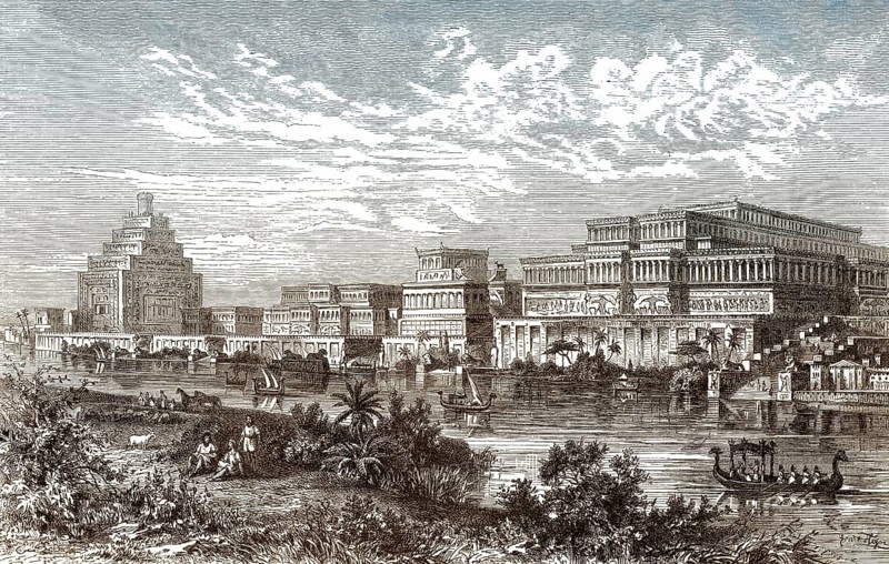 Reconstruction of the Assyrian royal palace in Nineveh, an ancient Mesopotamian city on the Tigris River in present-day Iraq, Rekonstruktion, der Assyrischer Königspalast in Ninive, Ninua oder Niniveh, eine mesopotamische Stadt am Tigris im heutigen Irak