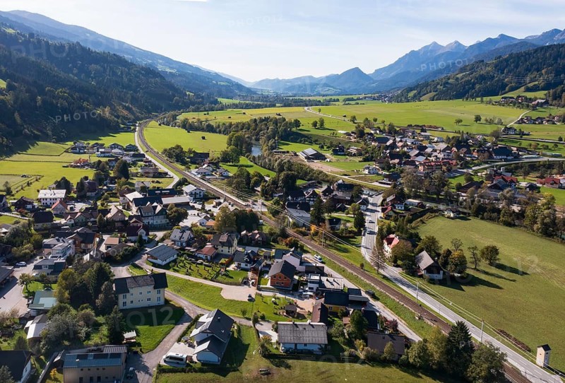 Drone image, residential buildings, view of the village, Pruggern, Ennstal, Styria, Austria