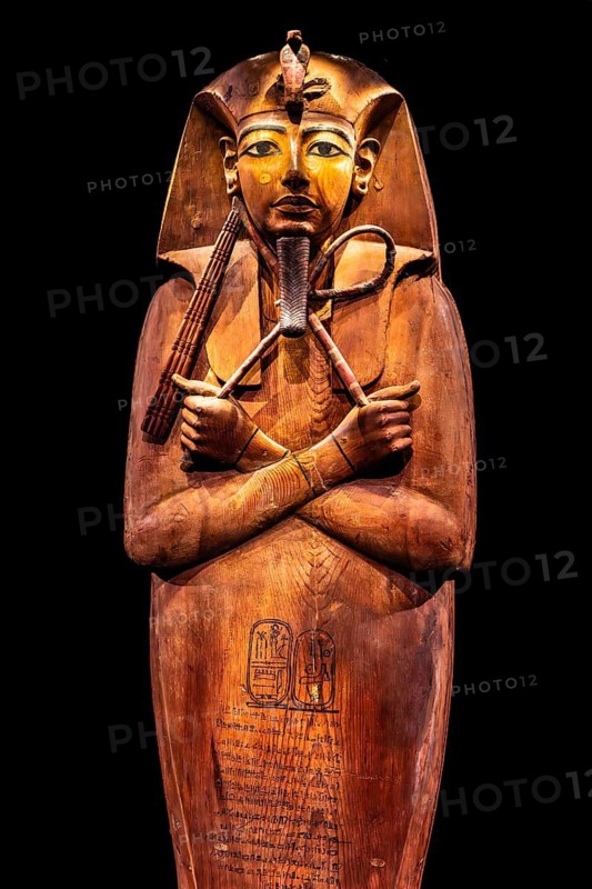 Cedar coffin of Ramses II with its cartouche from the exhibition: Ramses the Great and the Gold of the Pharaohs, Cologne, North Rhine-Westphalia, Germany
