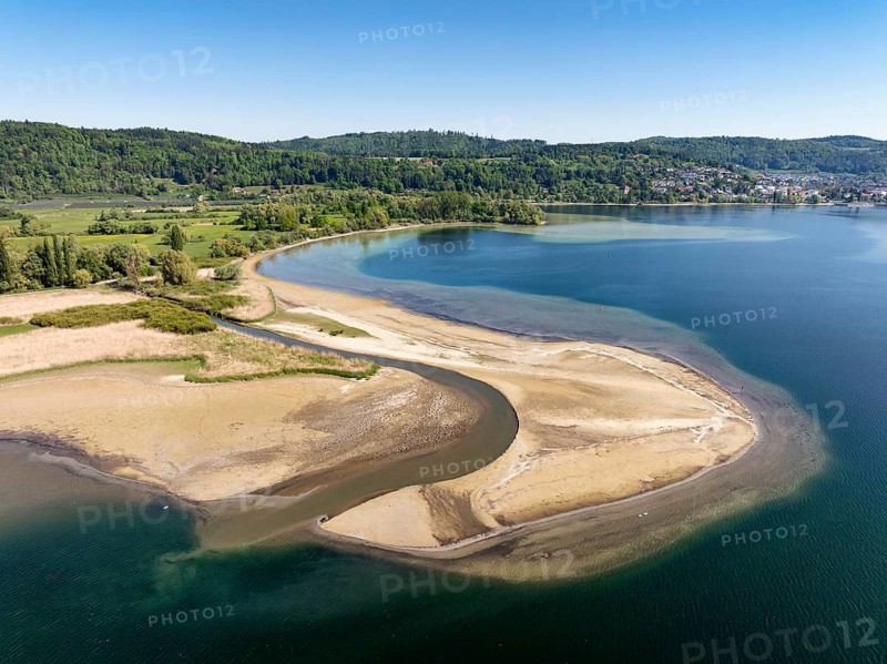 Aerial view of the mouth of the Stockacher Aach at low water, which flows into Lake Überlingen. The sedimentation of the suspended matter and sediment carried by the tributary is gradually silting up the shore zone near Bodman-Ludwigshafen. Lake Constance, district of Constance, Baden-Württemberg, Germany