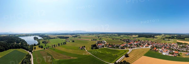 Drone shot, Abtsdorfer See with village Leobendorf, municipality Saaldorf-Surheim, Rupertiwinkel, Upper Bavaria, Bavaria, Germany