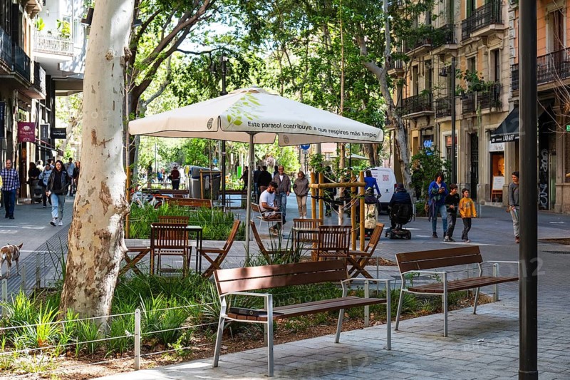 The Eixample superblock, car-free and pedestrianised area in the centre of Barcelona, Spain