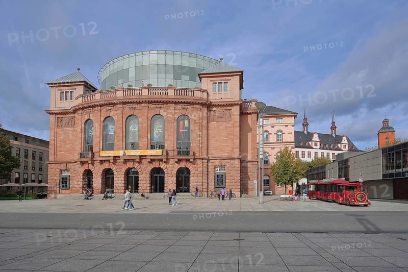 State theatre built in 1830, tourist railway, pedestrian, tower, old town, Mainz, Rhine-Hesse region, Rhineland-Palatinate, Germany
