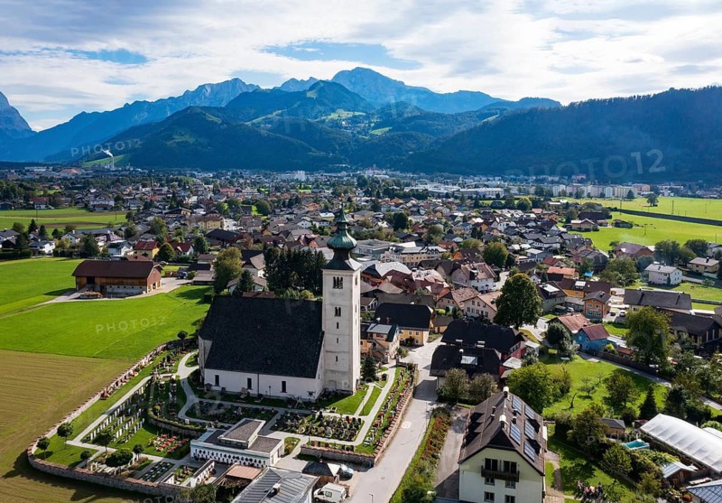Drone image, view of village with parish church, Oberalm, Flachgau, Salzburg province, Austria