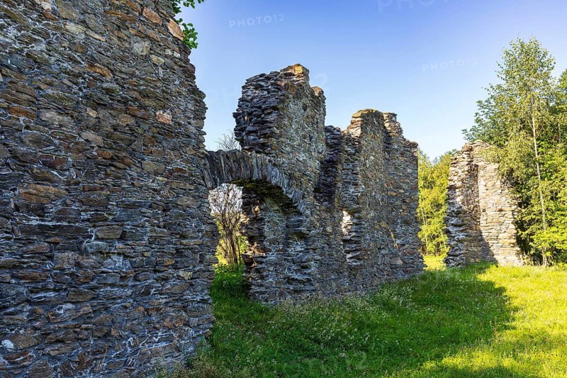 Remains of the walls of the old pilgrimage church of St Oswald, Dudelskirche Waschleithe, Grünhain-Beierfeld, Erzgebirge, Saxony, Germany