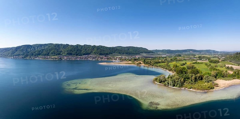 Aerial view, panorama of the mouth of the Stockacher Aach at low water, which flows into Lake Überlingen. The sedimentation of the suspended matter and sediment carried by the tributary gradually silts up the shore zone near Bodman-Ludwigshafen. Lake Constance, district of Constance, Baden-Württemberg, Germany