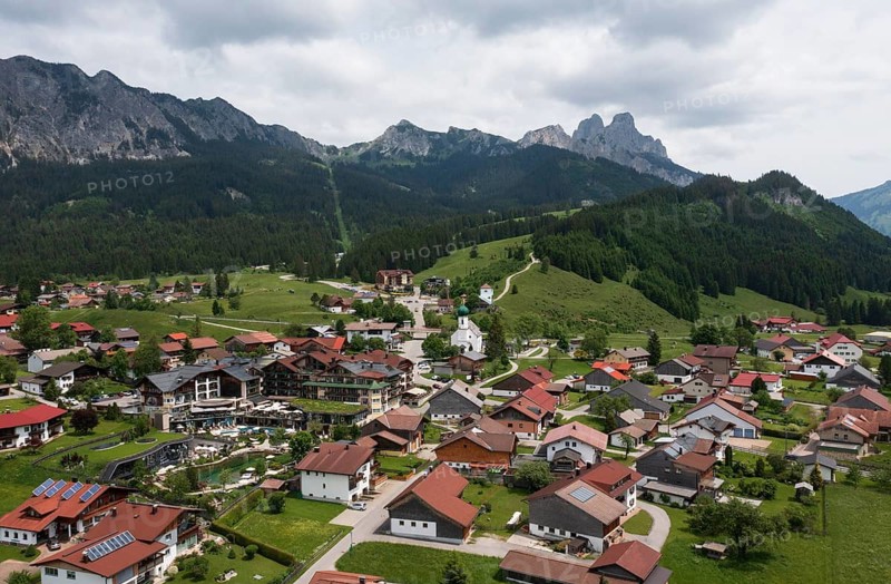 Drone image, view of the village, Grän, Tannheimer Tal, Reutte district, Tyrol, Austria