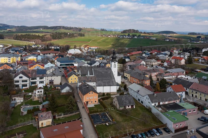 Drone image, view of the town, Lembach im Mühlkreis, Mühlviertel, Upper Austria, Austria