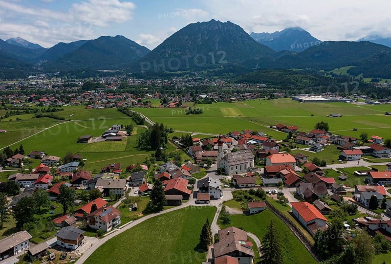 Drone image, view of the village with parish church, Wängle, Rettener Becken, Tyrol, Austria