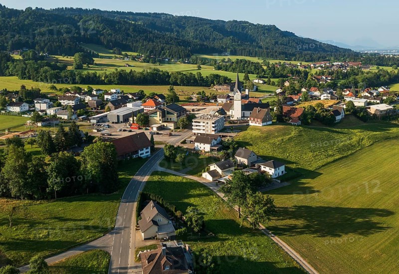 Drone image, view of village with parish church, Hohenweiler, Vorarlberg, Austria