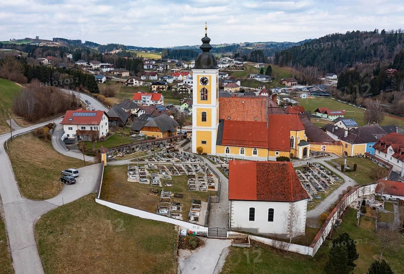 Drone shot, local view, parish church, Niederwaldkirchen, Mühlviertel, Upper Austria, Austria