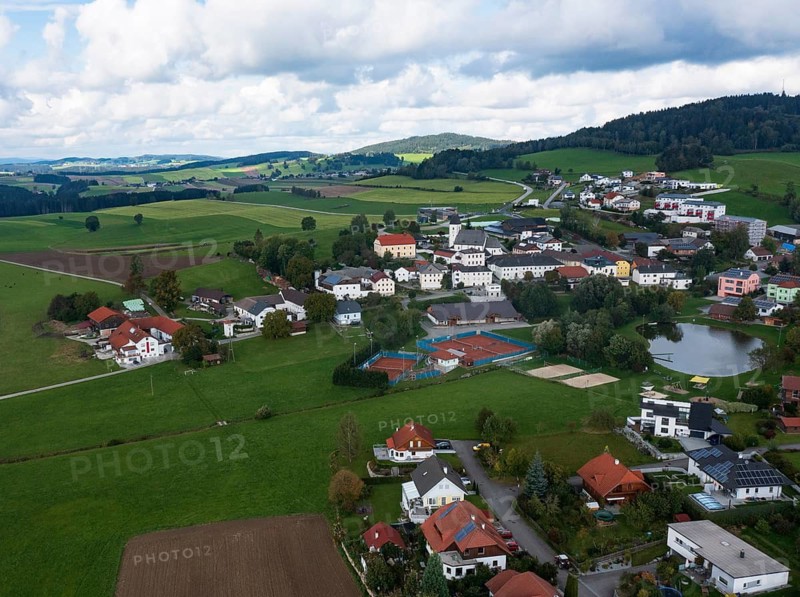 Drone image, view of the village with parish church, Grünbach near Freistadt, Mühlviertel, Upper Austria, Austria