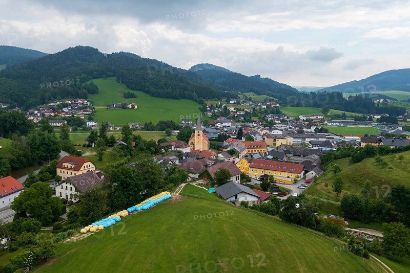 Drone image, view of the village, Waldhausen im Strudengau, Mühlviertel, Upper Austria, Austria