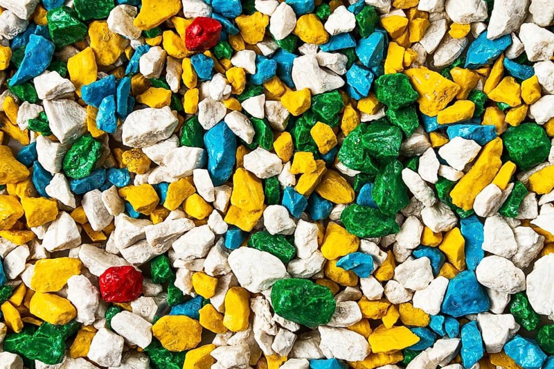 Colored crushed stone, for landscape design, background, close-up, mix, multicolored, no people