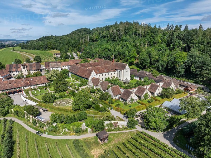 Aerial view of Ittingen Charterhouse, a former Carthusian monastery, today a cultural centre, conference centre, museum, hotel, restaurant and estate, Warth-Weiningen, Canton Thurgau, Switzerland