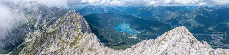 Aerial view, Waxenstein, Eibsee lake and Wetterstein Mountains, Garmisch-Patenkirchen, Bavaria, Germany