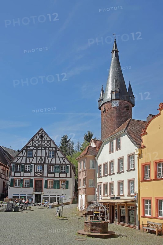 Historic houses, half-timbered houses and old tower of the Protestant church, landmark, Town Hall Square, Rathausplatz, Ottweiler, Saarland, Germany