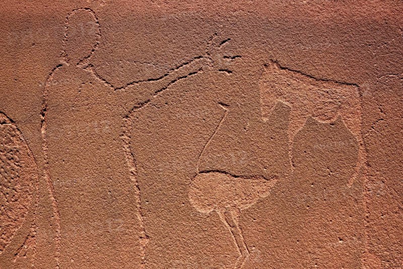 Rock engraving of a human with raised arm as well as ostrich and zebra, God's plate, near De Riet, Kunene region, Namibia