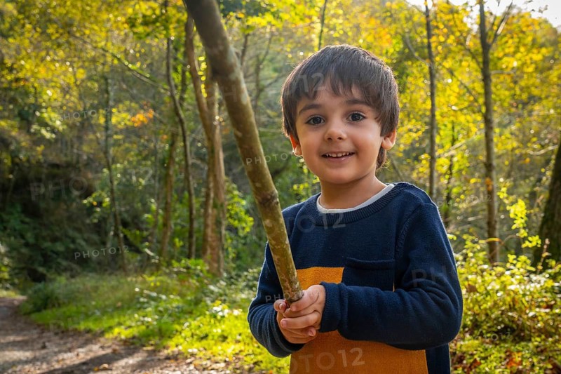 A young boy is holding a stick in a forest. He is smiling and he is enjoying himself