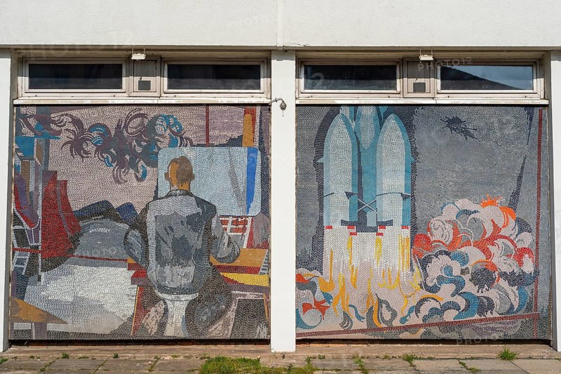Two excerpts from the glass mosaic Man conquers the cosmos in the style of Eastern Modernism, man at the computer and rocket at take-off, artist Fritz Eisel, computer centre, Potsdam, Brandenburg