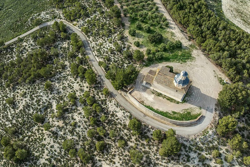 Chapel Ermita de San Miguel, village Varfarta, aerial view, Aragon, Spain