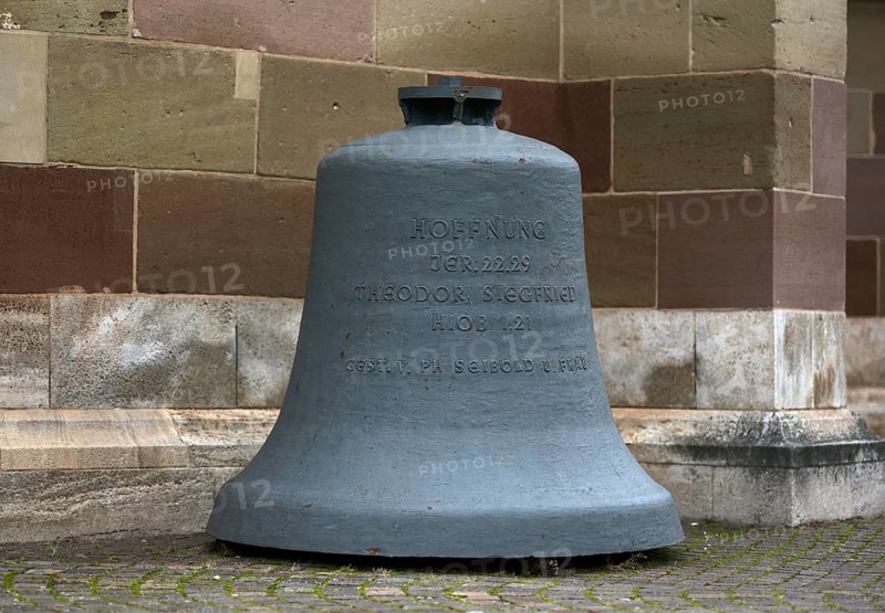 Former bell, steel bell HOFFNUNG in front of the choir, Lutheran Church Fellbach, Baden-Württemberg, Germany