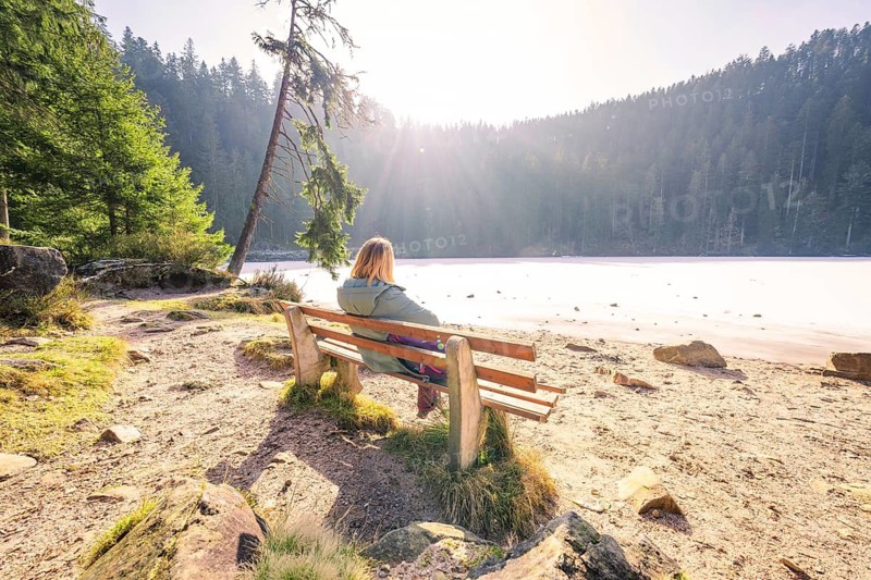 Woman on a bench, looking at the snowy lake, surrounded by trees, while the sun shines brightly, Glaswaldsee, Bad Rippoldsau-Schapbach, district Wolfach, Black Forest, Germany