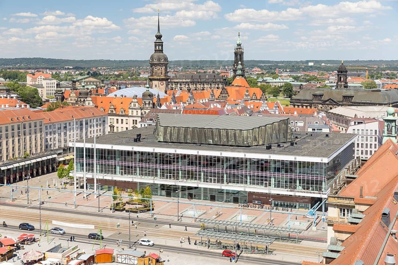 View from the tower of the Kreuzkirche of the Old Town with Altmarkt, Palace of Culture, Palace and Court Church, Dresden, Saxony, Germany