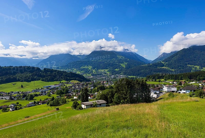 View of the village with parish church, Göfis, Walgau, Vorarlberg, Austria