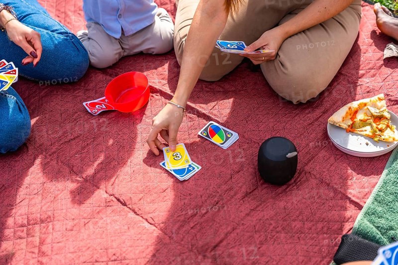 Families enjoying a picnic, playing cards, and savoring pizza, creating joyful moments and lasting memories under the warm summer sun