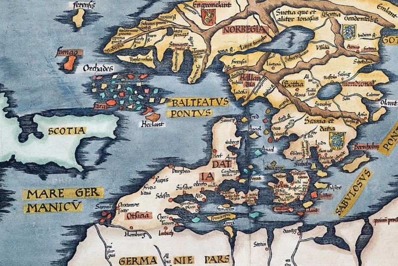 Detail from antique historical map of Scandinavia Norbegia & Gottia with Faroe Islands, Scotland, Sweden, Norway, Denmark and Germany, by Lorenz Fries, Claudius Clavus and Martin Waldseemüller, old coloured woodcut, Strasbourg 1541