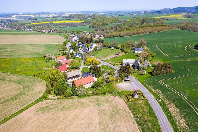 Aerial view with Turmholländer windmill and the village of Reichstädt, Dippoldiswalde, Saxony, Germany