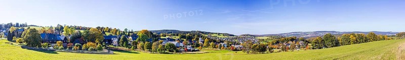 Panoramic view of Crandorf with village church, Bermsdorf over Schwarzenberg to the King Albert Tower on the Spiegelwald in autumn, Schwarzenberg, Erzgebirge, Saxony, Germany