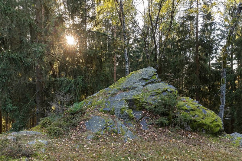 Schwarzer Stein rock formation with Versteinerter Mönch rock formation east of Grünbach in Vogtland, Saxony, Germany