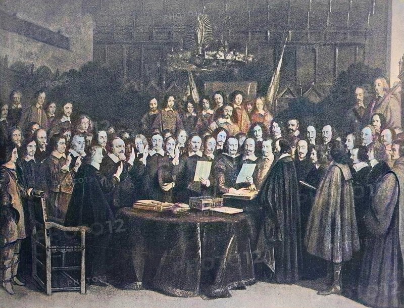 The Treaty of Münster or Peace of Westphalia, The Swearing of the Oath of Confirmation of the Treaty of Münster 1648, Germany, Historical, digitally restored reproduction of a 19th century original