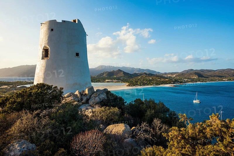 Panorama, Saracen tower and beach, Torre di Porto Giunco, Spiaggia di Porto Giunco, Capo Carbonara, Villasimius, south coast, Sardinia, Italy