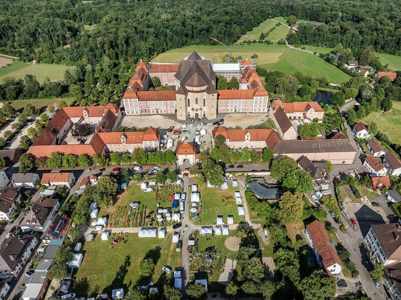 Aerial view of the Wiblingen monastery complex, former Benedictine abbey then castle and barracks, Ulm, Baden-Württemberg, Germany