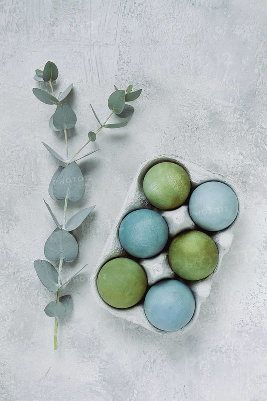 Easter colored eggs, in green and turquoise tones, with eucalyptus leaves, Easter card, top view, no people