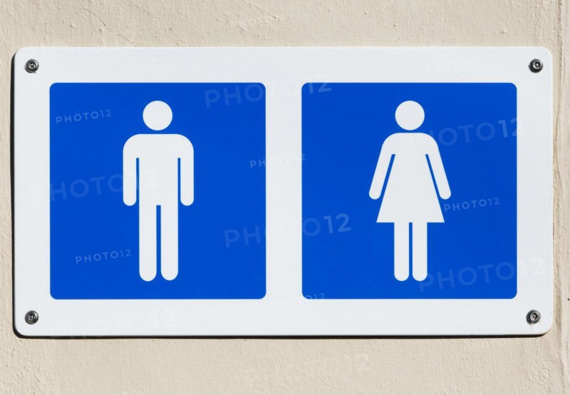 Cut out white male and female figures on blue background, public toilets sign UK