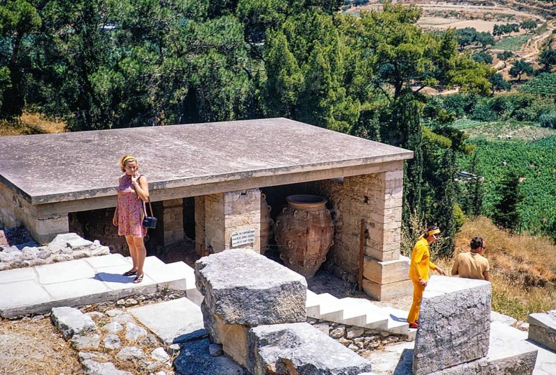 Tourists visiting Bronze Age Minoan archaeological site of Knossos, Crete, Greece, Europe 1968