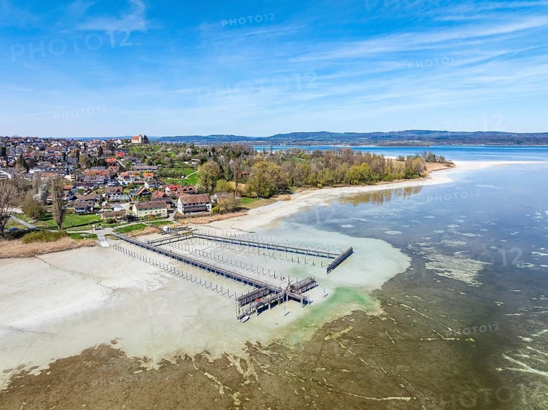 Aerial view of the Höri peninsula with the Lake Constance community of Horn at low tide and the dried-up boat harbour, Lake Constance, Constance district, Baden-Württemberg, Germany