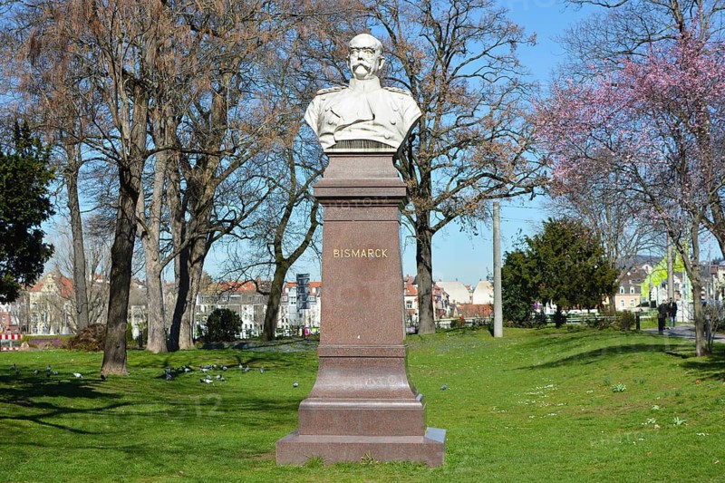 Heidelberg, Germany, March 2019: Bust monument statue of politician Otto von Bismarck in the city center of Heidelberg