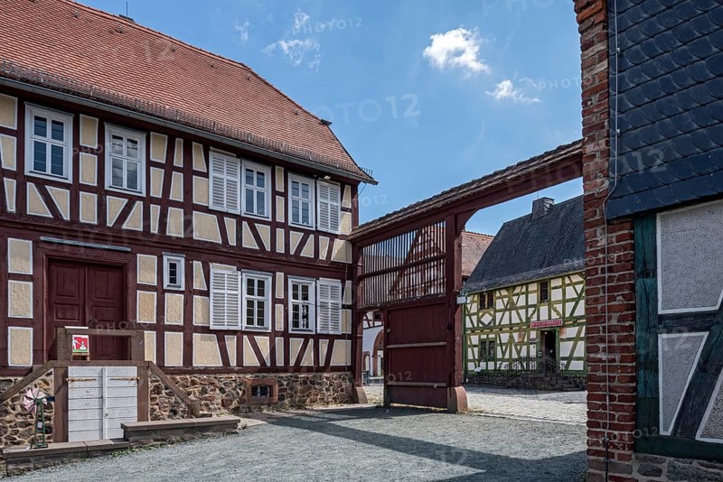 House from Langen-Bergheim, courtyard with gateway, farm, house from Schadeck, village shop, historic half-timbered house, Hessenpark Open-Air Museum, Neu-Anspach, Taunus, Hesse, Germany