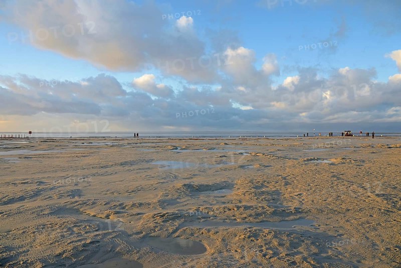 View of the beach promenade of Norddeich, Wadden Sea at low tide, North Sea, Lower Saxony, Germany