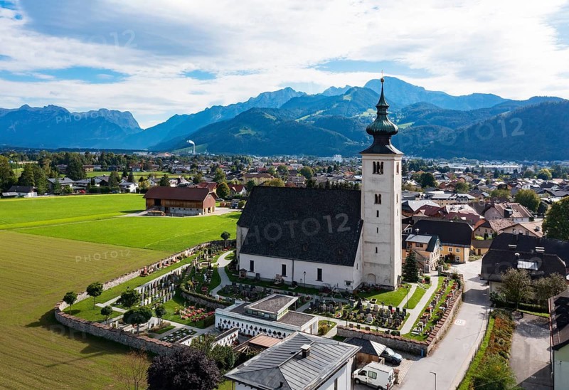 Drone image, view of village with parish church, Oberalm, Flachgau, Salzburg province, Austria