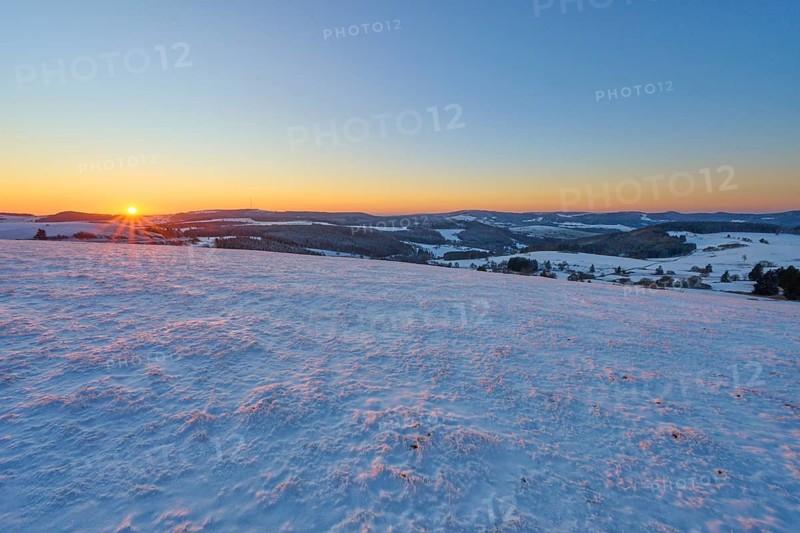 Sunrise over a snowy winter landscape, Winter, Wasserkuppe, Gersfeld, Rhön, Hesse, Germany