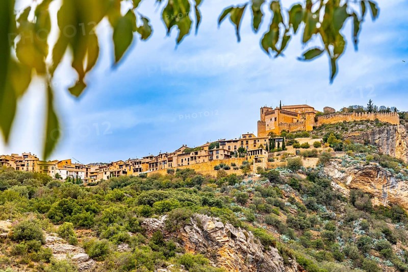 Alquezar mountain village, medieval town of Huesca seen from below, Spain